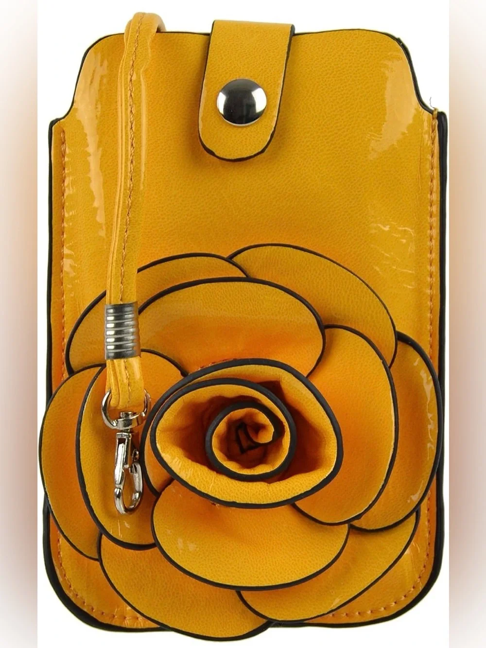 3-D rose, floral mobile phone pouch and wristlet, yellow faux leather, EUC